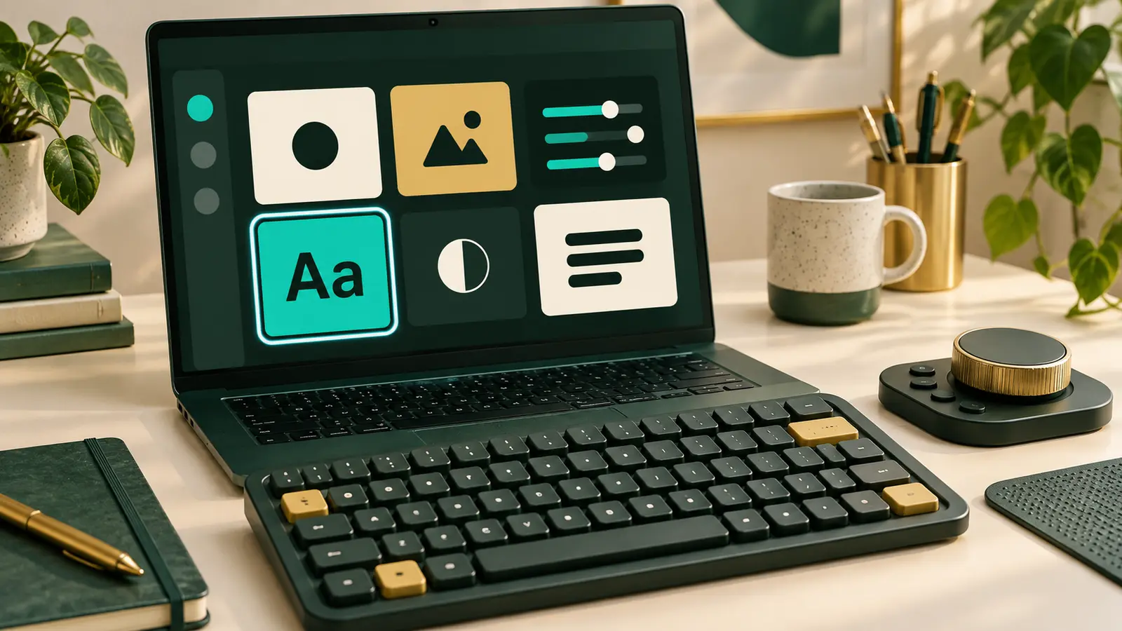 A laptop and high-contrast interface controls beside a tactile keyboard and dial.
