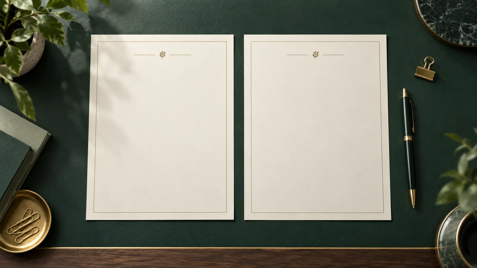 Two aligned document pages, pen, and clip arranged for careful review.
