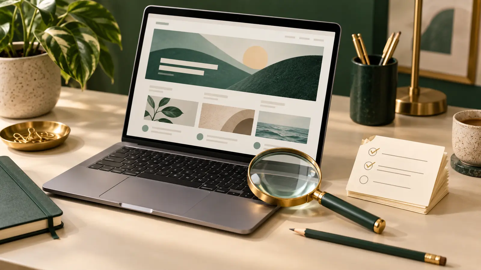 A laptop, magnifying glass, and correction cards arranged on a workbench.